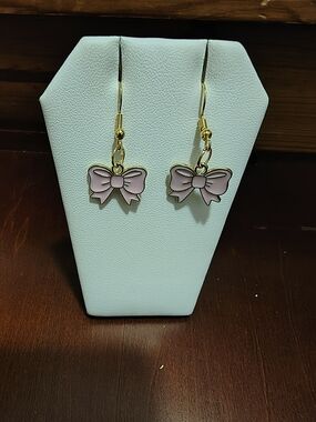 Hand Crafted Pink & Gold Bow Dangle Earrings